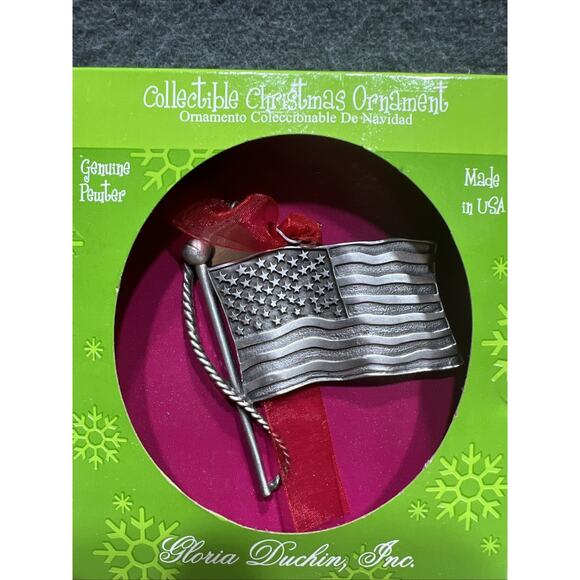 American Flag Christmas Ornament By Gloria Duchin Metal Pewter 2002 Made In USA - Picture 1 of 3